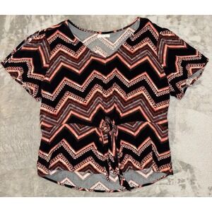 Black and Coral Chevron Tie-Front Women's Top